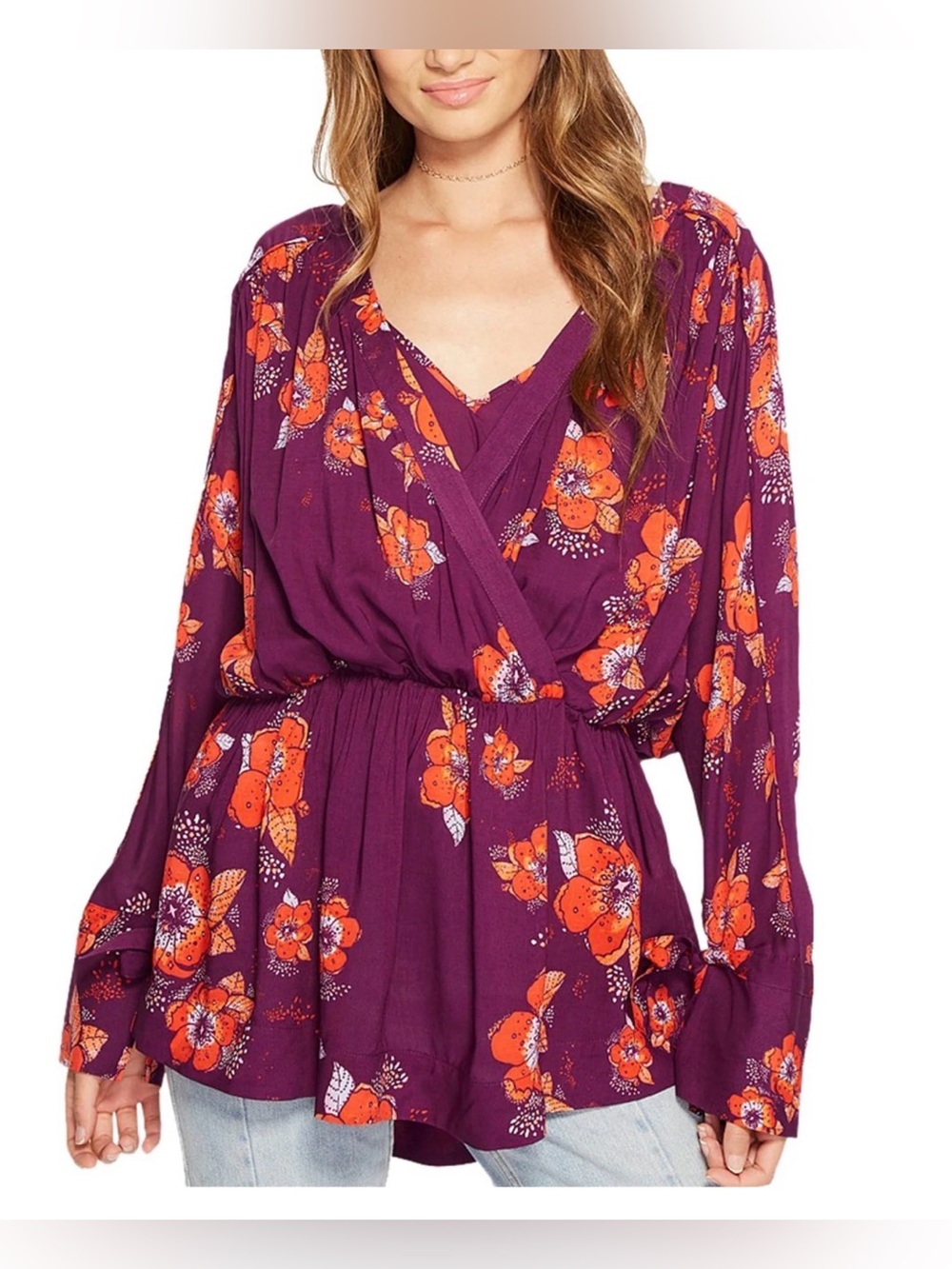 Free People “Tuscan Dreams”Purple Floral Surplice Peasant Top with Orange Blooms